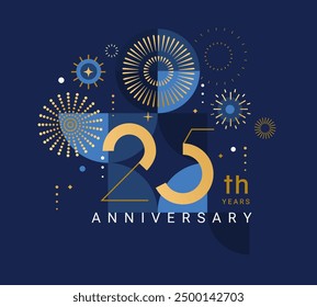 Anniversary 25, celebrating twenty five years,25th anniversary.Elegant card for event with abstract golden fireworks and golden numbers on blue background with geometric pattern.Vector illustration