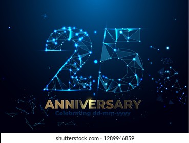 Anniversary 25. Geometric polygonal Anniversary greeting banner. gold 3d numbers. Poster template for Celebrating 25th anniversary event party. Vector illustration
