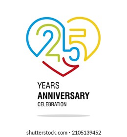 Anniversary 25 years decoration number twenty five bounded by a loving heart colorful modern love line design logo icon white isolated vector illustration