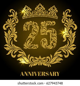 Anniversary of 25 years. Digits, frame and crown made in swirls and floral elements with gold glitter and sparkle