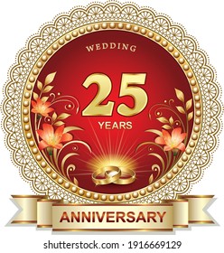 Anniversary 25 years, wedding card with golden numbers and rings in round frame with beads on red background with beautiful lilies. Vector illustration