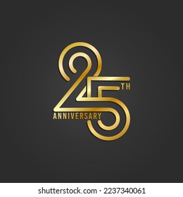 Anniversary 25th. The gold number is on black background. Vector illustration.