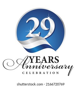 Anniversary 29 years celebration logo silver white blue ribbon background