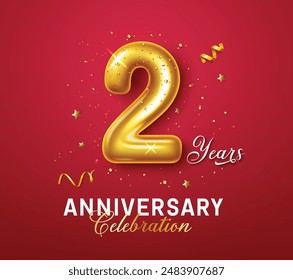 Anniversary 2nd years vector design. Happy anniversary greeting with gold metallic number two balloon and confetti elements for two years celebration in red background. Vector illustration invitation 