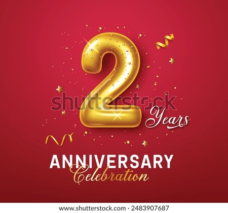 Anniversary 2nd years vector design. Happy anniversary greeting with gold metallic number two balloon and confetti elements for two years celebration in red background. Vector illustration invitation 