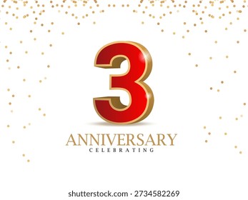 Anniversary 3. gold and red 3d numbers. Poster template for Celebrating 3rd anniversary event party. Vector illustration