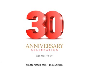 Anniversary 30. red 3d numbers. Poster template for Celebrating 30th anniversary event party. Vector illustration