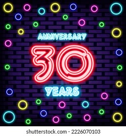 Anniversary 30 years Neon sign. Bright signboard. Light banner. Design element. Vector Illustration