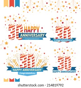 Anniversary 30th emblems with fireworks numbers, sparklers and ribbons with congratulations. 