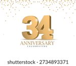 Anniversary 34. gold 3d numbers. Poster template for Celebrating 34th anniversary event party. Vector illustration