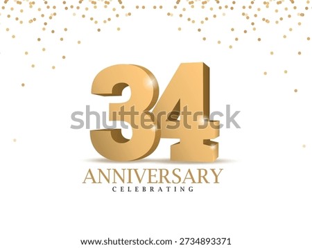 Anniversary 34. gold 3d numbers. Poster template for Celebrating 34th anniversary event party. Vector illustration