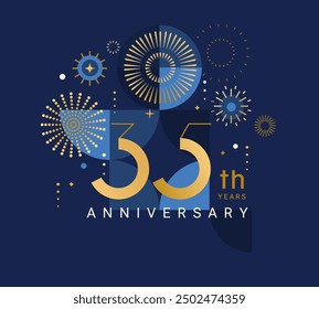 Anniversary 35, celebrating thirty five years,35th anniversary.Elegant card for event with abstract golden fireworks and golden numbers on blue background with geometric pattern.Vector illustration