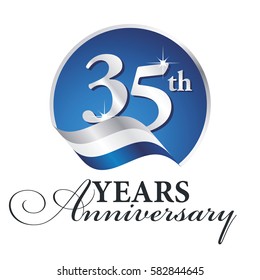 Anniversary 35 th years celebrating logo silver white blue ribbon background