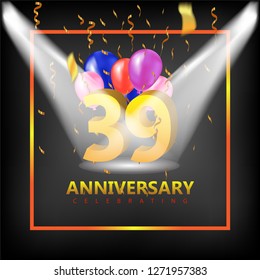 Anniversary 39 gold 3d numbers light room studio balloon  - Template illustration fot celebrating . logotype for booklet, cover, flyer poster