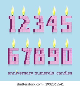 Anniversary 3d numerals-candles with fire from zero to nine. Flame and shadows on light background