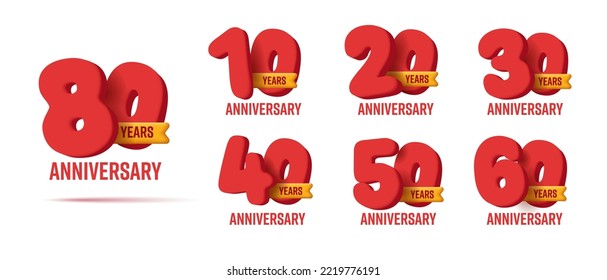 Anniversary 3d red numbers with ribbon, tens years company or birthday celebration label