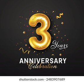 Aniversario 3 años de diseño de Vector. Feliz aniversario de la celebración de bienvenida con el globo brillante dorado número 3 y Elementos de confeti en fondo negro elegante. tarjeta de invitación de Ilustración vectorial 