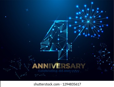Anniversary 4. Geometric polygonal Anniversary greeting banner. gold 3d numbers. Poster template for Celebrating 4th anniversary event party. Vector fireworks background. Low polygon
