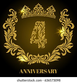 Anniversary of 4 years. Digits, frame and crown made in swirls and floral elements with gold glitter and sparkle