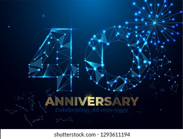 Anniversary 40. Geometric polygonal Anniversary greeting banner. gold 3d numbers. Poster template for Celebrating 40th anniversary event party. Vector fireworks background. Low polygon
