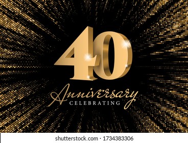 Anniversary 40. gold 3d numbers. Against the backdrop of a stylish flash of gold sparkling from the center on a black background. Poster template for Celebrating 40th anniversary event party. Vector