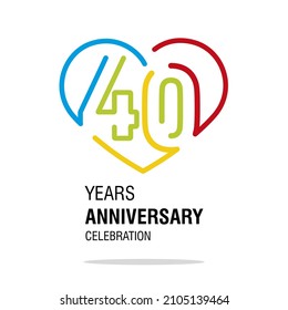 Aniversario 40 años de decoración número cuarenta delimitados por un corazón amoroso colorido diseño de línea de amor moderno icono de imagen vectorial aislado blanco