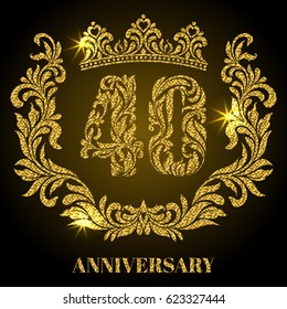 Anniversary of 40 years. Digits, frame and crown made in swirls and floral elements with gold glitter and sparkle