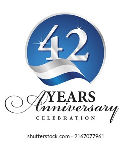 Anniversary 42 years celebration logo silver white blue ribbon background