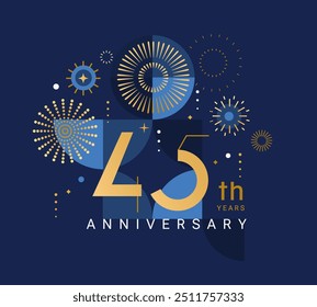 Anniversary 45, celebrating forty five years,45th anniversary.Elegant card for event with abstract golden fireworks and golden numbers on blue background with geometric pattern.Vector illustration