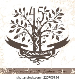 Anniversary 45th emblem tree in classic style. Ornamental decoration with copy space on the ribbon. Vector template for wedding, birthday and jubilee celebration 