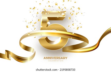 Anniversary 5. gold 3d numbers. Poster template for Celebrating 5th anniversary event party. Vector illustration