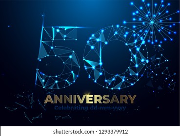 Anniversary 50. Geometric polygonal Anniversary greeting banner. gold 3d numbers. Poster template for Celebrating 50th anniversary event party. Vector fireworks background. Low polygon