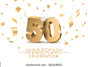 Anniversary 50. gold 3d dancing numbers. Poster template for Celebrating 50th anniversary event party. Vector illustration