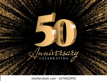 Anniversary 50. gold 3d numbers. Against the backdrop of a stylish flash of gold sparkling from the center on a black background. Poster template for Celebrating 50th anniversary event party. Vector