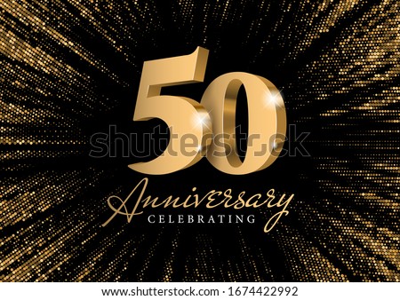 Anniversary 50. gold 3d numbers. Against the backdrop of a stylish flash of gold sparkling from the center on a black background. Poster template for Celebrating 50th anniversary event party. Vector