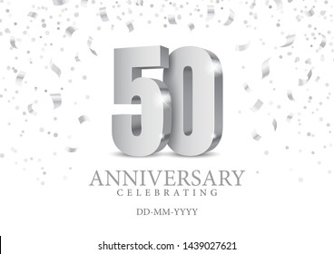 Anniversary 50. silver 3d numbers. Poster template for Celebrating 50th anniversary event party. Vector illustration