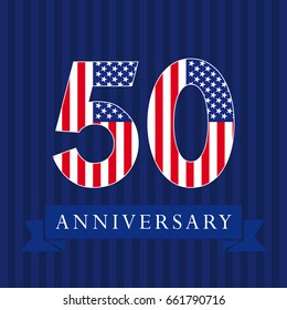 Anniversary 50 US flag logotype. Template of celebrating 50 th. Isolated numbers in traditional style on striped abstract blue background. United States greetings or sticker, five, 0 or letter O.