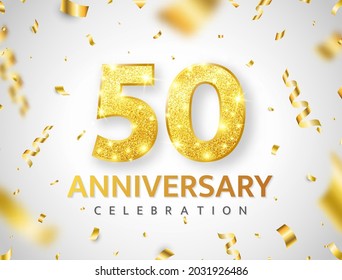 Anniversary 50 year card. Birthday glitter number decor. Golden confetti ribbon banner. Luxury gold background. Celebration poster. Invitation booklet. Premium design element. Vector illustration.