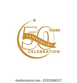 Aniversario Celebración de 50 años Vector de diseño de logotipo de Premium, celebración de aniversario color dorado con estrellas