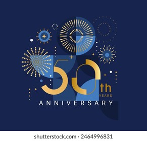 Anniversary 50 years, fifty years congratulations Elegant card for event with abstract golden fireworks and numbers on blue background. Template for poster, banner, flyer, party. Vector illustration