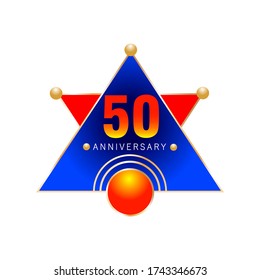Anniversary of 50 years. Golden and red balls, red and blue triangles in golden frame on a white background. Vector design template for banner, card, cover, poster. 