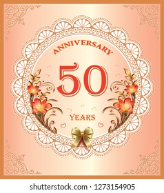 Anniversary 50 years. Greeting card with lily flowers in the openwork circle on the gentle background. Vector illustration