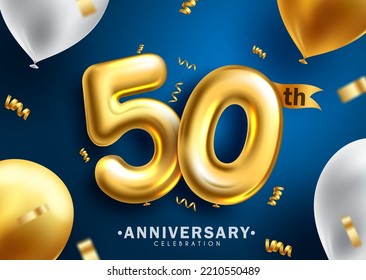 Anniversary 50th vector background design. 50 years celebration party event with gold balloons elements decoration. Vector Illustration.