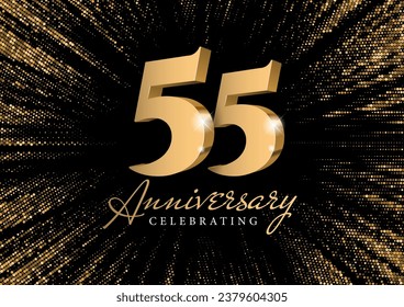 Anniversary 55. gold 3d numbers. Against the backdrop of a stylish flash of gold sparkling from the center on a black background. Poster template for Celebrating 55th anniversary event party. Vector