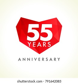 Anniversary 55 Years Old Celebrating Logotype With Hearts. Luxurious Celebrating Congratulating Greetings, Stained Glass Numbers Template. Valentine's Day Abstract Emotional Lovely Isolated Shape.