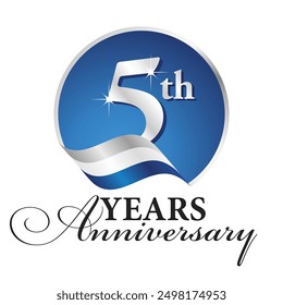 Anniversary 5th years celebrating logo silver white blue ribbon background