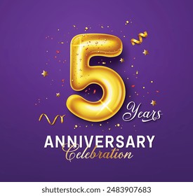 Anniversary 5th years vector design. Happy anniversary greeting in purple background with number five metallic gold balloons and confetti decoration elements. Vector illustration invitation card 