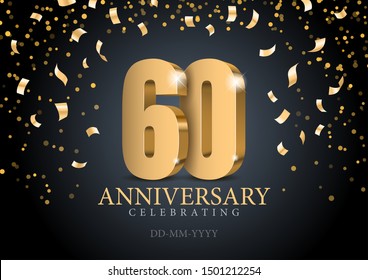 Anniversary 60. gold 3d numbers. Poster template for Celebrating 60th anniversary event party. Vector illustration
