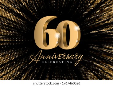 Anniversary 60. gold 3d numbers. Against the backdrop of a stylish flash of gold sparkling from the center on a black background. Poster template for Celebrating 60th anniversary event party. Vector