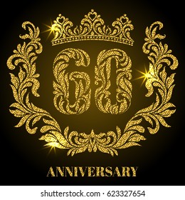 Anniversary of 60 years. Digits, frame and crown made in swirls and floral elements with gold glitter and sparkle